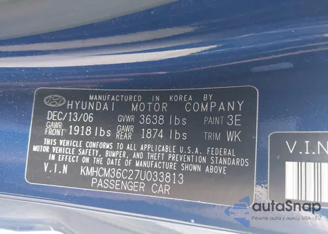 2007 Hyundai Accent Gs from USA, damaged, VIN KMHCM36C27U033813
